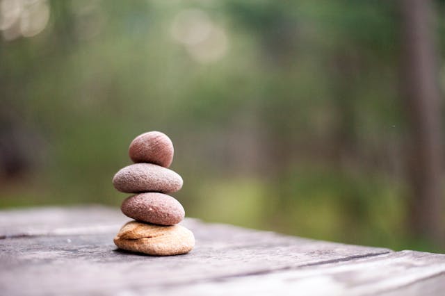 疊起的石頭靜靜佇立於森林背景中，表現出靜謐與專注