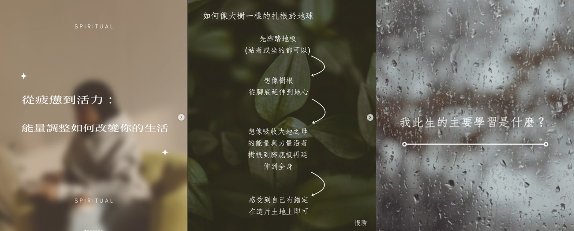 「三張心靈療癒圖卡：左圖寫著『從疲憊到活力：能量調整如何改變你的生活』，中圖以綠葉為背景，說明如何像樹根一樣紮根於地球，右圖為雨滴落在玻璃上，文字寫著『我此生的主要學習是什麼？』」