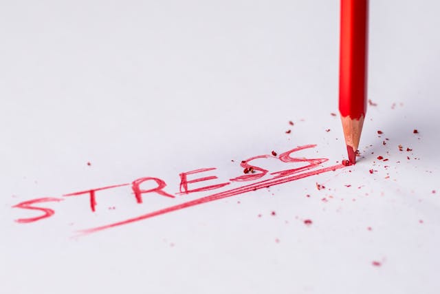 紅筆寫下的「STRESS」字樣，旁邊散落著削筆屑。