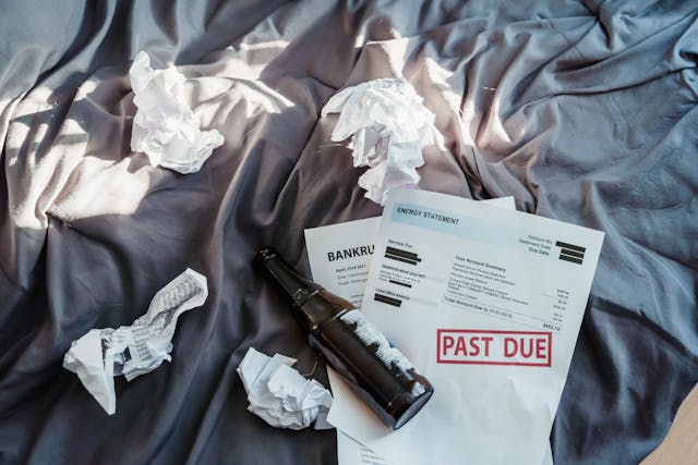 床上散落著揉皺的紙張、啤酒瓶與標示 'PAST DUE' 的帳單，象徵財務壓力與債務問題。